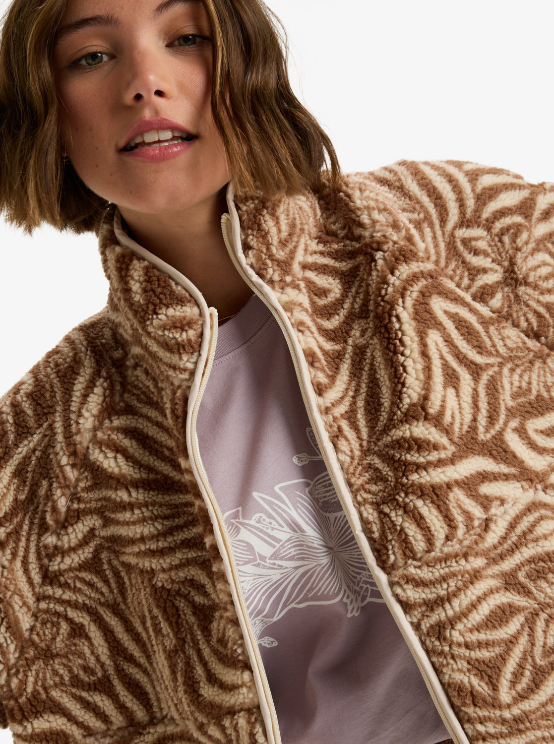 Roxy Womens Blurry Cloud Print Full Zip Relaxed Fleece - Parchment Animal Floral