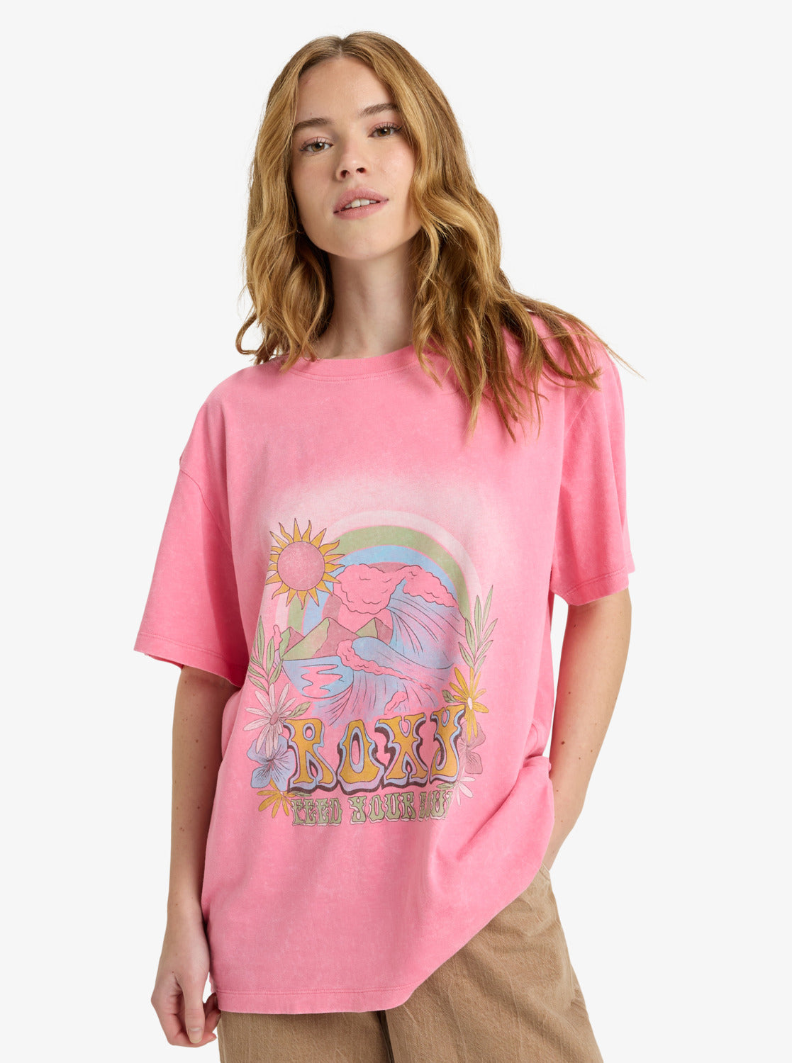 Roxy Womens Sunnyoversize Optic Wash T-Shirt - Pink Cosmos - ManGo Surfing